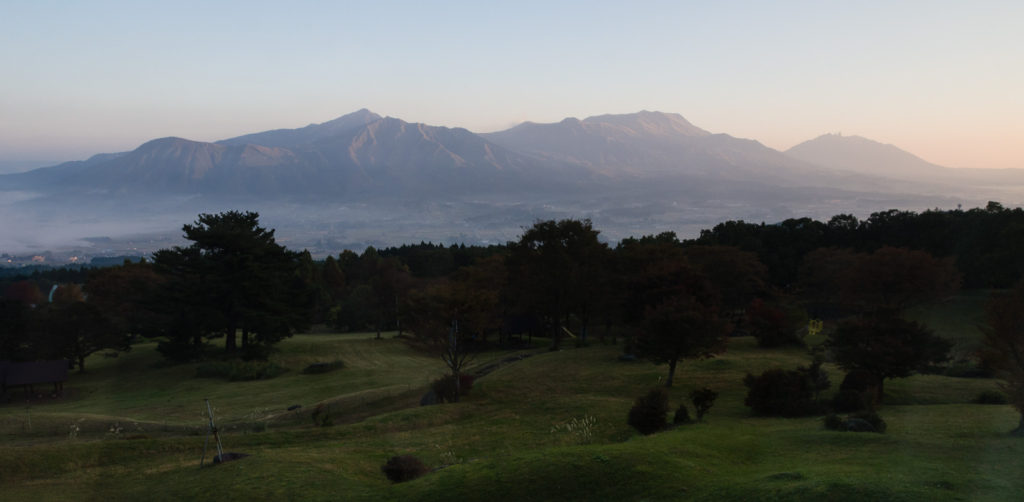 Hotel Greenpia Minamiaso, view of Aso caldera at sunrise