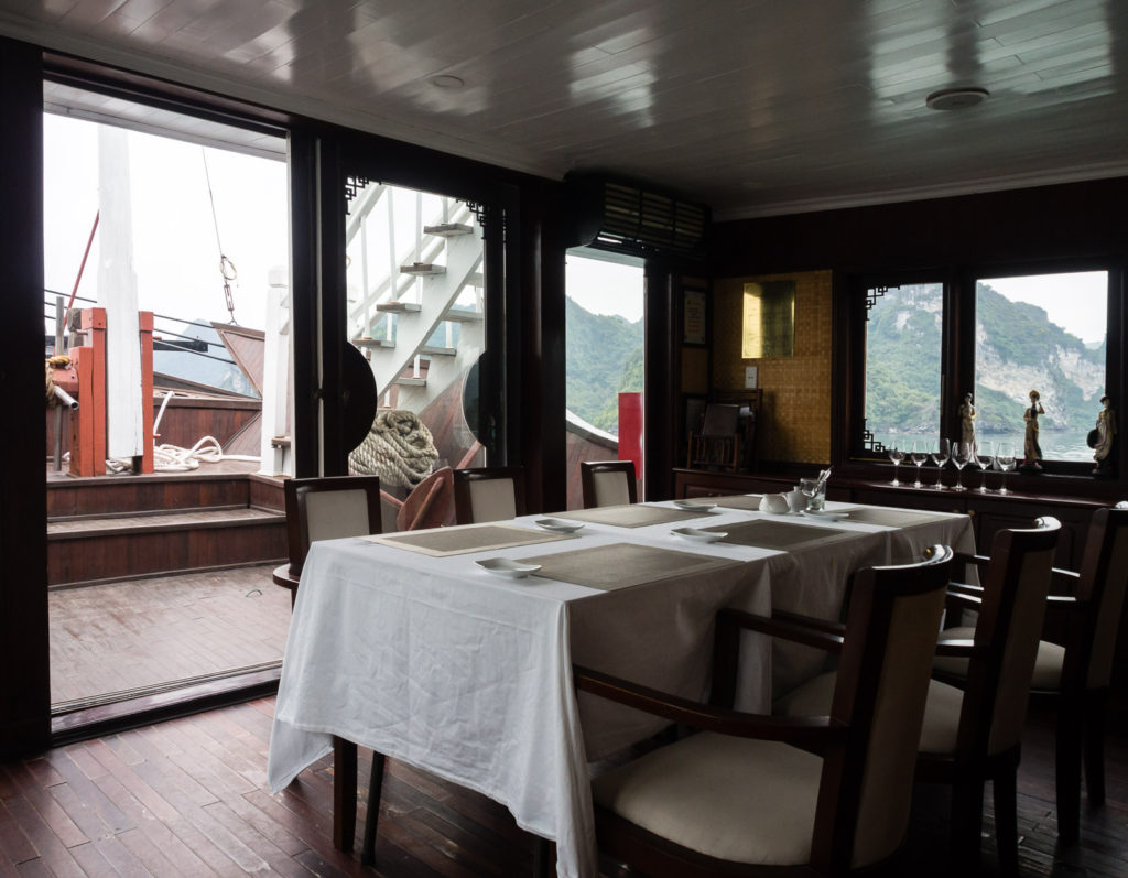 Dining room on Bhaya Legend premium cruise boat - Halong Bay, Vietnam